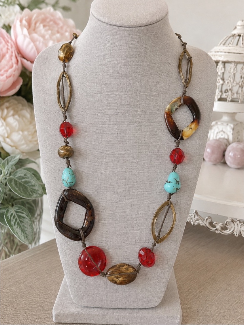 Chico's chunky beaded necklace featuring brown, red, & turquoise-colored beads